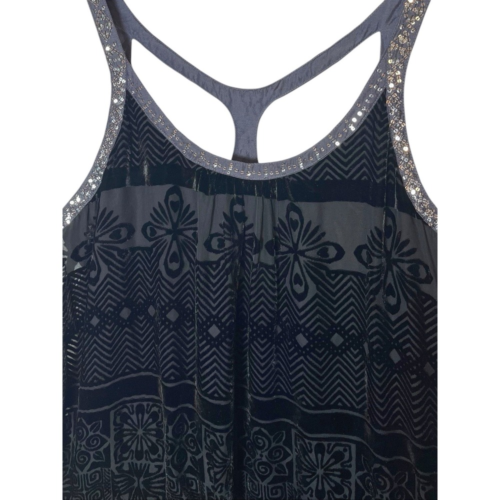 Free People Black Silk Burnout Velvet Sequin Mini Dress Size 12 Boho Racerback - Picture 2 of 7